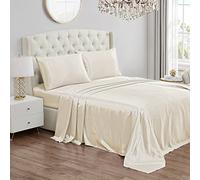 Juicy Couture King Size Satin Bed Sheet Set, Deep Pocket Silky King Sheet Set with 1 Fitted Sheet, 1 Flat Sheet and 2 Pillow Case, Wrinkle Resistant and Anti Pilling Bed Sheets - Ivory