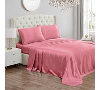 Juicy Couture King Size Satin Bed Sheet Set, Deep Pocket Silky King Sheet Set with 1 Fitted Sheet, 1 Flat Sheet, and 2 Pillow Case, Wrinkle Resistant and Anti Pilling Bed Sheets - Rose Pink