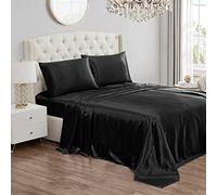Juicy Couture King Size Satin Bed Sheet Set, Deep Pocket Silky Satin King Sheet Set with 1 Fitted Sheet, 1 Flat Sheet and 2 Pillow Case, Wrinkle Resistant and Anti Pilling Satin Bed Sheets - Black