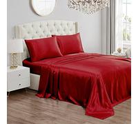 Juicy Couture King Size Silk Satin Bed Sheet Set, Deep Pocket Silky King Sheet Set with 1 Fitted Sheet, 1 Flat Sheet and 2 Pillow Case, Wrinkle Resistant and Anti Pilling Bed Sheets - Red