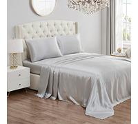 Juicy Couture King Size Silk Satin Bed Sheet Set, Deep Pocket Silky Satin King Sheet Set with 1 Fitted Sheet, 1 Flat Sheet and 2 Pillow Case, Wrinkle Resistant and Anti Pilling - Grey