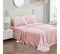 Juicy Couture King Size Silk Satin Bed Sheet Set, Deep Pocket Silky Satin King Sheet Set with 1 Fitted Sheet, 1 Flat Sheet and 2 Pillow Case, Wrinkle Resistant and Anti Pilling - Pink