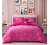 Juicy Couture Plush Reversible Embossed Crown 3-Piece Twin/Twin XL Comforter Set with Decorative Pillow, Hot Pink