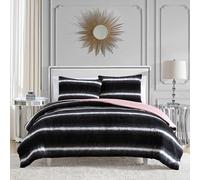 Juicy Couture Queen Comforter and Sham Set, Faux Fur Ombre Stripe 3-Piece Queen Bedding Set - Black/White - 90"x90" Comforter + (2) 20"x26" Shams