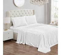 Juicy Couture Queen Size Satin Bedding Sheet Set, 4 Piece Set with 1 Fitted Sheet, 1 Flat Sheet, and 2 Pillow Cases, Wrinkle Resistant and Anti Pilling Satin Bed Sheets - Pure White