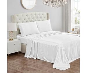 Juicy Couture Queen Size Satin Bedding Sheet Set, 4 Piece Set with 1 Fitted Sheet, 1 Flat Sheet, and 2 Pillow Cases, Wrinkle Resistant and Anti Pilling Satin Bed Sheets - Pure White