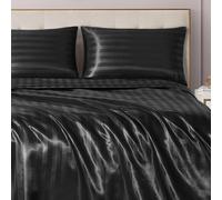 Juicy Couture Silky Satin Damask Sheet Set - Luxury Black Bedding - Smooth Striped Sheets - King Size