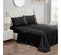 Juicy Couture Twin XL Size Satin Bed Sheet Set, Deep Pocket Silky Satin Twin XL Sheet Set with 1 Fitted Sheet, 1 Flat Sheet, 1 Pillow Case, Wrinkle Resistant and Anti Pilling - Black