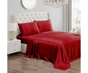 Juicy Couture Twin XL Size Satin Bed Sheet Set, Deep Pocket Silky Satin Twin XL Sheet Set with 1 Fitted Sheet, 1 Flat Sheet, 1 Pillow Case, Wrinkle Resistant and Anti Pilling - Red