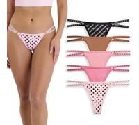 Juicy Couture Women's Strappy Stretch Logo Thong Underwear Set, 5-Pack, Jc Polka Dots/Strawberry Sorbet/Hollywood Pink/Spiced Cider/Old English Stripe, M