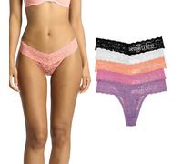 Juicy Couture Women's Stretch Lace Rhinestone Thong Underwear Set, Panties for Women, 5-Pack, Lazy Lilac/Hollywood Pink/Grapefruit/White/Black, S