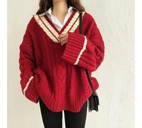 Juig Sweaters Women Korean Patchwork Design V-neck Thicker Soft Winter Fall Vintage Flare Sleeve Lady Knitwear Preppy Femme Pullovers