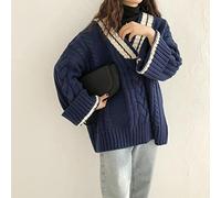 Juig Sweaters Women Korean Patchwork Design V-neck Thicker Soft Winter Fall Vintage Flare Sleeve Lady Knitwear Preppy Femme Pullovers