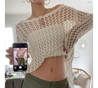 Juig Y2K Hollow Out Cropped Knit Smock Top Women Vintage Loose Distressed Crochet Pullovers Crop Tops Fairy Grunge Sweater Cover-up
