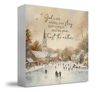 JUIOEIU Vintage Winter Christian Wooden Box Sign, Christian Desk Decor, God Is Still Writing Your Story Bible Verse Wood Block Box for Church Home Office Prayer Room Desk Shelf Table Decor, 5x5 Inch
