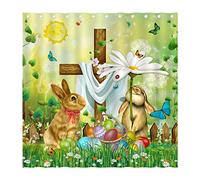 Juirnost Easter Whises He is Risen Shower Curtain for Bathroom Jesus is Risen Christian Spring Shower Curtain The Cross On Spring with Bunnys Bathroom Curtain Fabric 72" x 72"