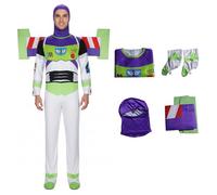 JUIWAULY Space Ranger Costume Adult Buzz Astronaut Costume Halloween Cosplay One Piece Bodysuit with Hood Wing Foot Cover L