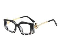 JUJNTNT Oversized Geometric Fashion Glasses for Women Chunky Black Frame Clear Lens Eyewear with Gold Panther Head Pearl Te