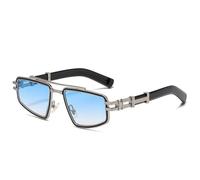 JUJNTNT Retro Metal Double Bridges Men Sunglasses Fashion Blue Pink Lens Shades Uv400 Trending Punk Women Luxury(Silver black blue)
