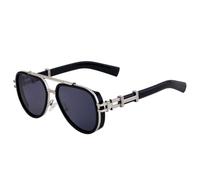 JUJNTNT Vintage Steampunk Oval Sunglasses for Women Men,Luxury Trendy Double Beam Metal Frame(C3BlackSilverGray)