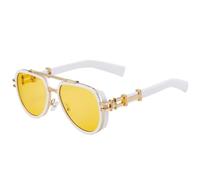 JUJNTNT Vintage Steampunk Oval Sunglasses for Women Men,Luxury Trendy Double Beam Metal Frame(C7WhiteYellow)