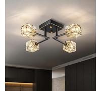 JUJUQI Modern Black and Gold 4-Light Crystal Ceiling Light, Flush Mount Sputnik Chandelier with Rectangular K9 Crystals for Hallway Bedroom Corridor