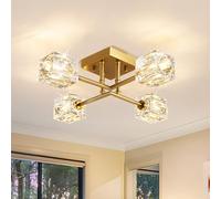 JUJUQI Modern Gold 4-Light Crystal Ceiling Light, Flush Mount Sputnik Chandelier with Rectangular K9 Crystals for Hallway Bedroom Corridor