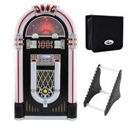 Jukebox Vinyl Record Player & Sound System with 48 CD Carry Case and Acrylic Vinyl Record Storage Holder Tabletop Display Rack - Retro Music Station for CDs & LPs Music Lover Gift Set Bundle