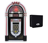 Jukebox Vinyl Record Player & Sound System with LED Lights, USB, AUX & 48 CD Carry Case - Retro Music Station for CDs & LPs Gift Set Bundle