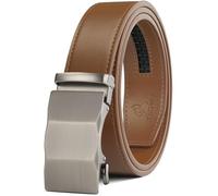 JUKMO Men’s 35mm Leather Ratchet Belt with Original Slide Buckle in Gift Box (Three Surfaces - Light Brown, L-42 to 46" Waist Adjustable (Length 53"))