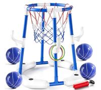 JUKUDAHU Pool Basketball Hoop for Kids, 2-in-1 Floating Pool Toys Ring Toss Game with 4 Balls, Pump, Outdoor Swimming Pool Basketball Game Water Toy Family Party for Boys Girls Adults Age 3-12