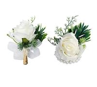 JULAN 2Pcs White Rose Wrist Corsage and Boutonniere Set with Pins,Handmade Artificial Rose Flower Wrist Flowers and Men's Corsage Set for Wedding Flowers Ceremony (1 Boutonnieres + 1 Wrist Corsages)
