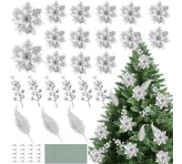JULBEAR 25 Pcs Christmas Glitter Poinsettia Artificial Flowers, Christmas Tree Flower Decorations and Berry Leaves for Xmas Wreath, Wedding Party Decorations (Silver)