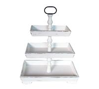 Juleduo Large Rectangle Tiered Tray Stand 3 Tier Serving Tray Rustic Farmhouse Kitchen Decor with Metal Handle and Distressed Tiered Tray Stand Tiered Dessert Stand Cake Stand (White)