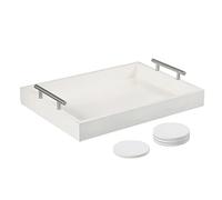 Juleduo Serving Tray 16.5“X 13“ Deluxe Wooden Ottoman Tray,Coffee Table with Polished Silver Metal Handles-4 Round Coasters Included, White