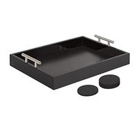 Juleduo Serving Tray 16.5“X 13“Deluxe Wooden Ottoman Tray for Coffee Table with Polished Silver Metal Handles and 4 Coasters, Living Room Bathroom Coffee Bar Organizer Modern Decorative Black