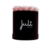 Juli Flowers Round Rose Box with Infinity Roses, Handmade Flower Box from Germany in Small and XS Velvet Dark Purple/Black Round (Pink - 17-19 Roses)