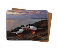 Julian Friers Puffins Beak Bashing Large Table Mat by Wildlife Artist Non-slip - Cork-backed Placemat