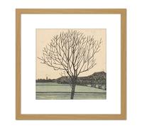 Julie De Graag Kale Boom Lone Tree Field Woodcut 8X8 Inch Square Wooden Framed Wall Art Print Picture with Mount Artery8 Light Oak One Size