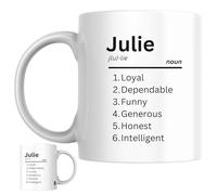 Julie Personalised Ceramic Mug | Personalised Dictionary Name Definition Coffee Mug, Novelty Gift for a Wife, Girlfriend, Friend or Colleague Named Julie