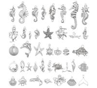 Julie Wang 90 Pieces Antique Silver Alloy Ocean Pendants Mermaid Tail Seahorses Shell Starfish Mixed Charms for Necklace Bracelet Summer Beach Jewelry Making, Nautical Themed Craft DIY Supplies