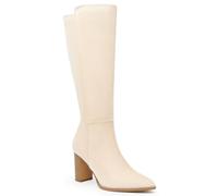 Juliet Holy Women's Knee High Boots Stacked Block Heel Wide Calf Closed Pointed Toe Riding Boots, Beige, 3 UK