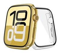 JULK [2 Pack Gold Case with Screen Protector for Apple Watch 2024 Series 10 42mm, 9H Tempered Glass with Ultra-Thin Hard Protective Cover for iWatch [1 Gold + 1 Transparent]