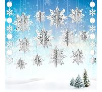 JULMELON 12Pcs 3D Hanging Snowflakes Decorations, Garland Silver for Winter Wonderland, Frozen Birthday Party Supplies