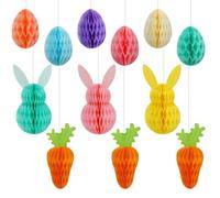 JULMELON 12PCS Easter Honeycomb Hanging Decoration, Bunny Carrot and Egg Hanging Ornaments 3D Colorful Easter Paper Honeycomb Tree Ornaments Set for Yard Window Spring Party Decorations