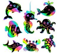 JULMELON 36 PCS Ocean Crafts, Rainbow Scratch Art Under The Sea Party Favors DIY Magic Color Summer Ocean Animals Scratch Cards for Summer Party Favors School Activities