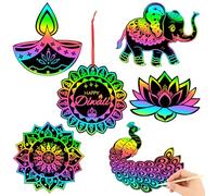 JULMELON 36 PCSDiwali Rainbow Scratch Art DIY Scratch Paper Cards Magic Color Gifts Arts and Craft Kits for Happy Diwali Party Favors and School Activities