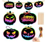 JULMELON 36PCS Halloween Scratch Paper Crafts Kit Pumpkins Magic Rainbow Scratch Art for DIY Party Ornaments Halloween Decor with 12 Wooden Sticks and 36 Colorful Ribbons