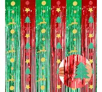 JULMELON 4 Piece Christmas Tinsel Foil Fringe Curtains with Garland Decoration 6.6 feet x 3.3 feet Red and Green Metallic Tinsel Curtains Christmas Party Photo Backdrop Party Door and Wall Decoration