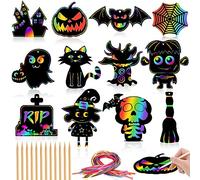 JULMELON 48 Pcs Halloween Scratch Paper Art, Halloween Magic Rainbow Scratch Paper Off Cards Set DIY Crafts Halloween Party Favors Educational Toys Games Halloween Ornaments